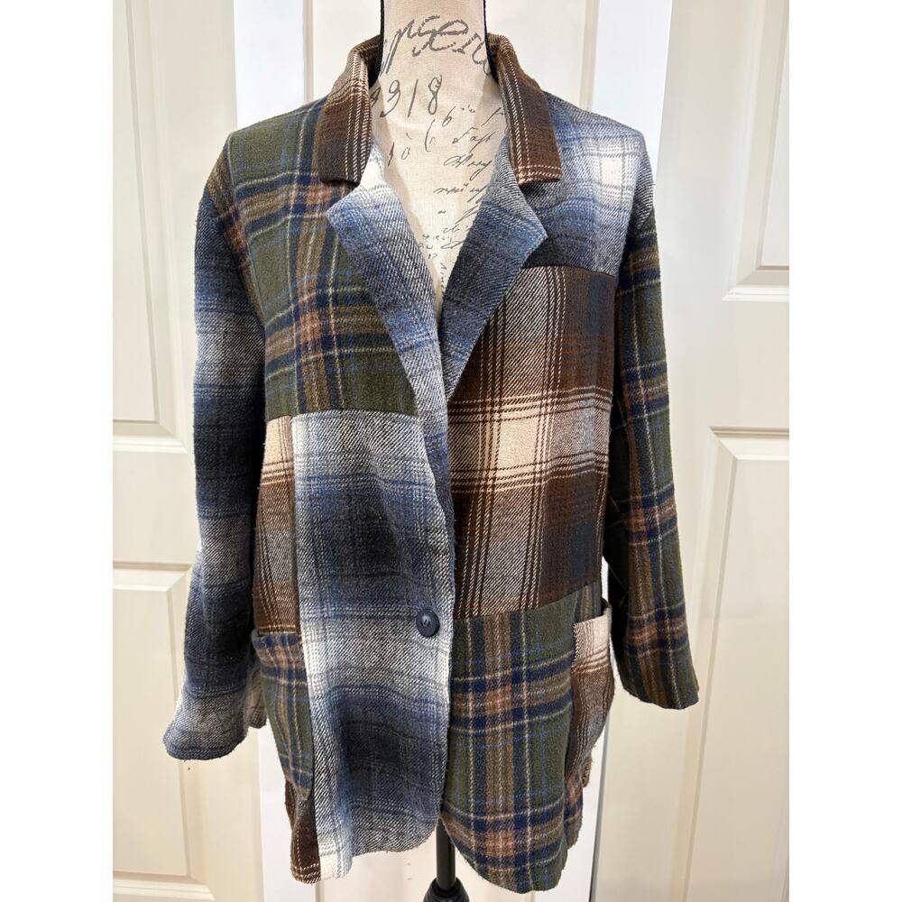 Vintage 90s Ivy Club Plaid Flannel Patchwork Blazer Jacket Size Large